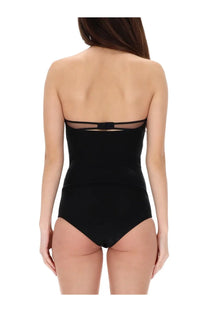 Courrèges women’s bustier lingerie top in black with a strapless design and sheer mesh back detail shown from back
