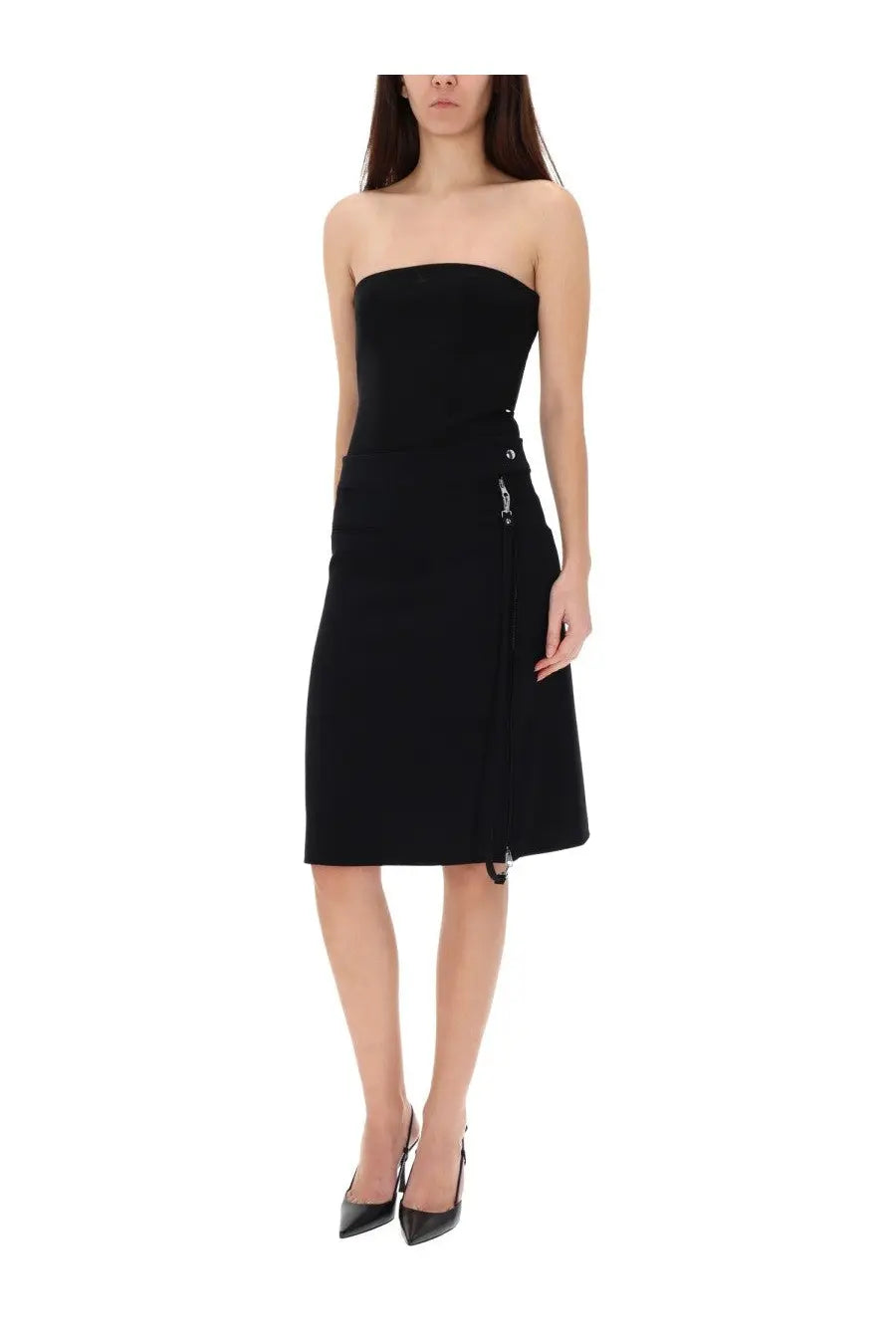 Courrèges women’s bustier lingerie top black with sleek strapless fitted bodice and asymmetrical skirt with silver hardware