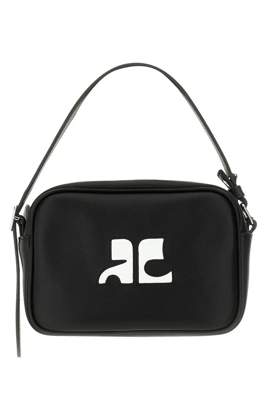 Black leather courrèges women camera bag reedition with white abstract logo on the front