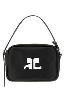 Black leather courrèges women camera bag reedition with white abstract logo on the front