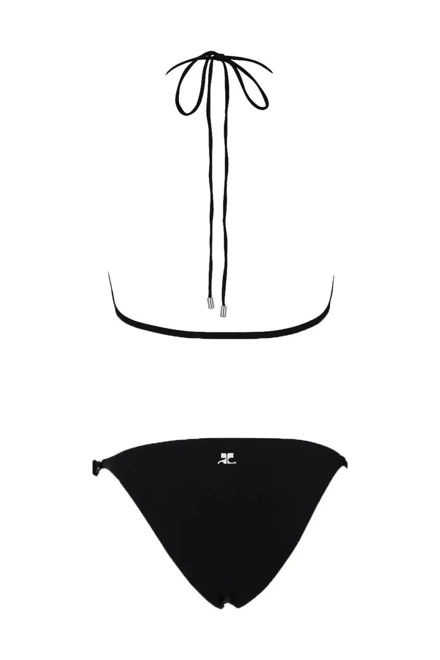Courrèges women’s costume bikini buckle black showing back with black string top and adjustable ties with high waist bottom