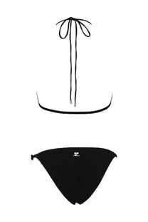 Courrèges women’s costume bikini buckle black showing back with black string top and adjustable ties with high waist bottom
