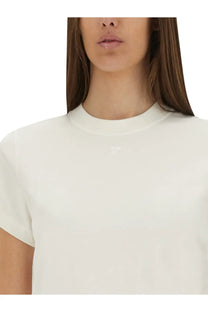 Courrèges women’s white cotton crew-neck t-shirt with a minimalist design and subtle embroidered chest logo