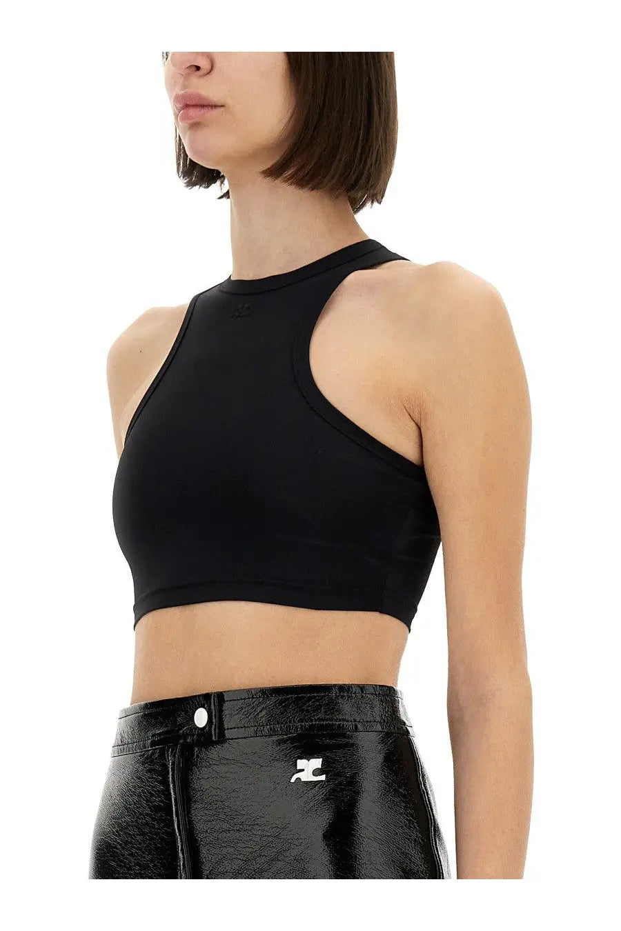 Courrèges women’s black high-neck crop top with shoulder cutout in sleek stretch fabric for stylish wear