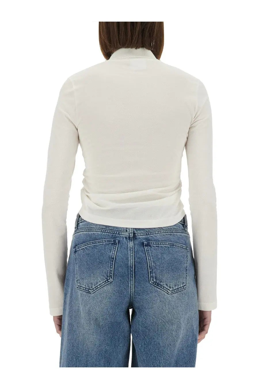 Cream-colored courrèges women’s cropped polo shirt with long sleeves high collar and subtle ruching at the waist