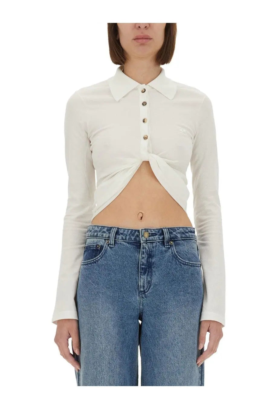 Courrèges women’s cropped white long-sleeved polo shirt with knotted front detail perfect for casual wear