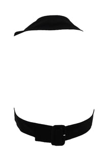 Black satin belt with rectangular buckle complementing courrèges women’s cropped top black