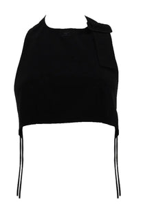 Courrèges women’s black sleeveless crop top with draped shoulder detail and matching tassels at the hem