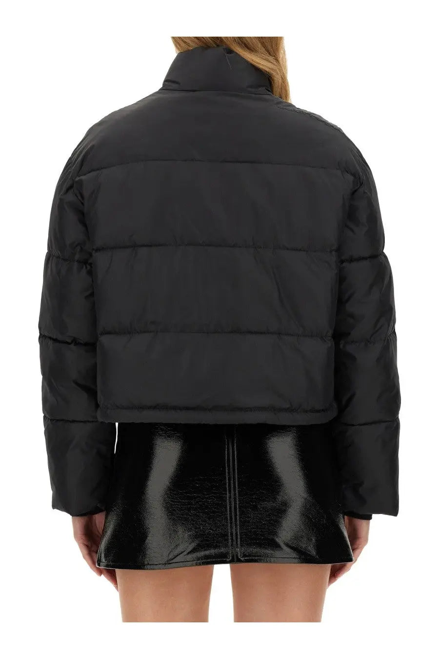Courrèges women’s black down jacket with horizontal stitching and high collar in a puffer style