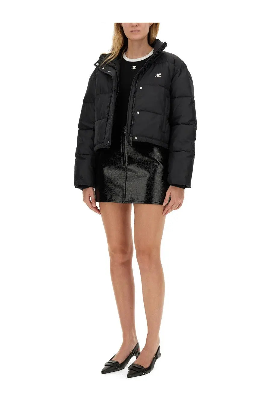 Black courrèges women’s down jacket with quilted design and small white logo on the left chest