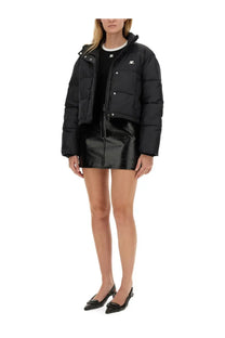 Black courrèges women’s down jacket with quilted design and small white logo on the left chest