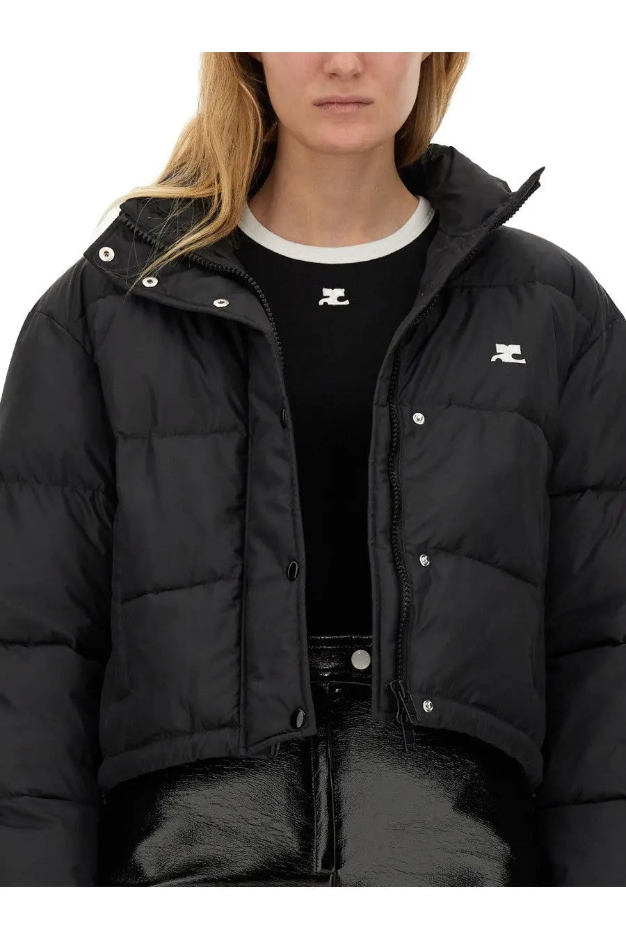 Courrèges women’s black down jacket with quilted design and white logo patches on chest and hood