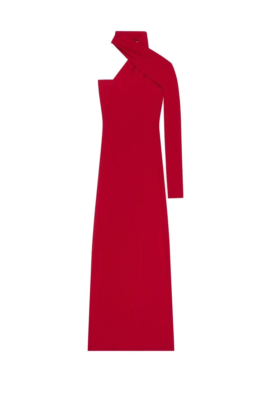 Courrèges women’s draped one shoulder dress red in striking crimson with high asymmetrical neckline and tailored lines