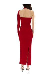 Courrèges women’s draped one shoulder red gown with long sleeve high slit and fitted silhouette in elegant fabric