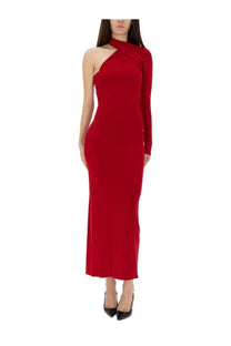 Courrèges women’s draped red one-shoulder midi dress with high neckline long sleeve in smooth form-fitting fabric