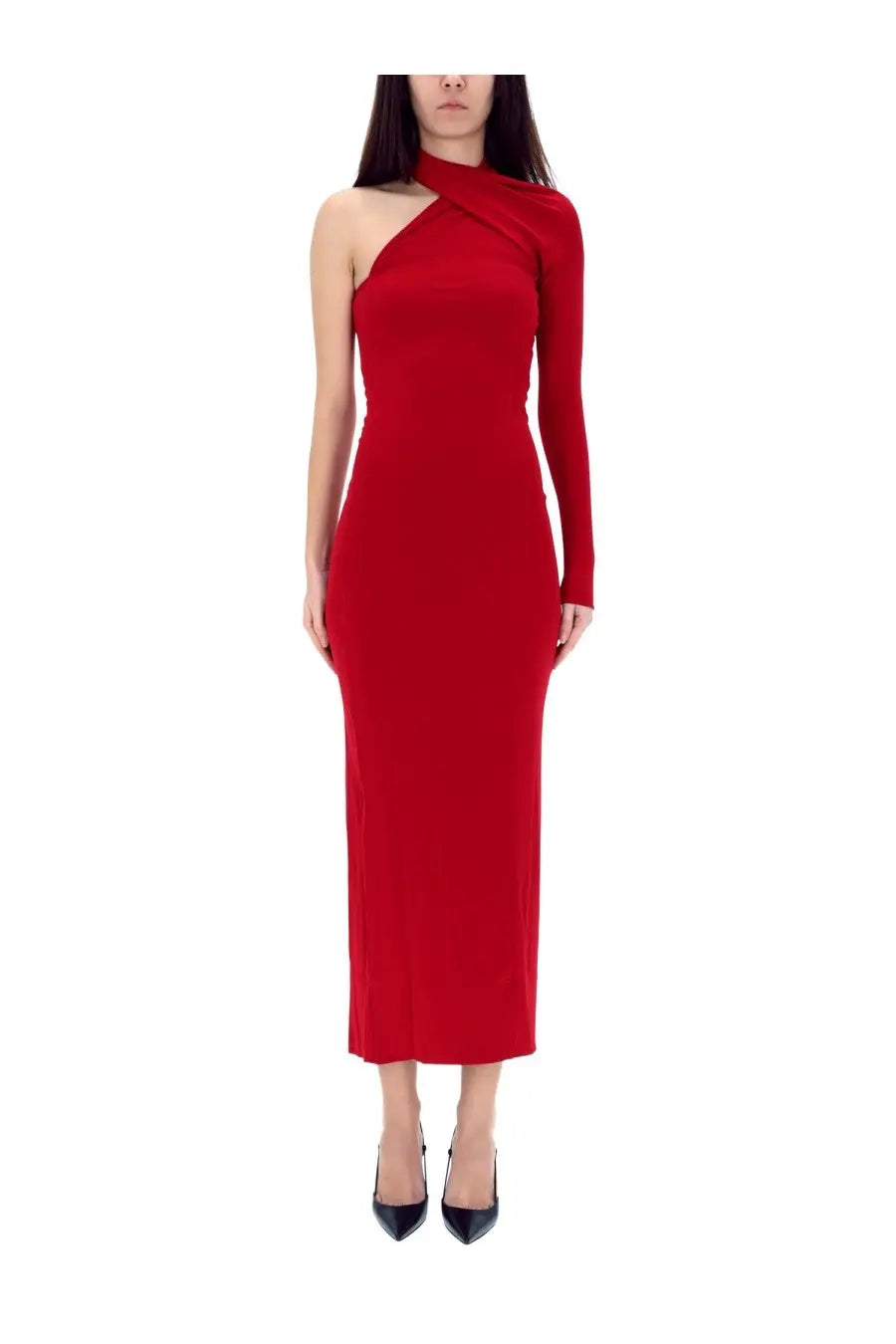 Courrèges women’s red draped one shoulder midi dress with sleek form-fitting silhouette and high neckline