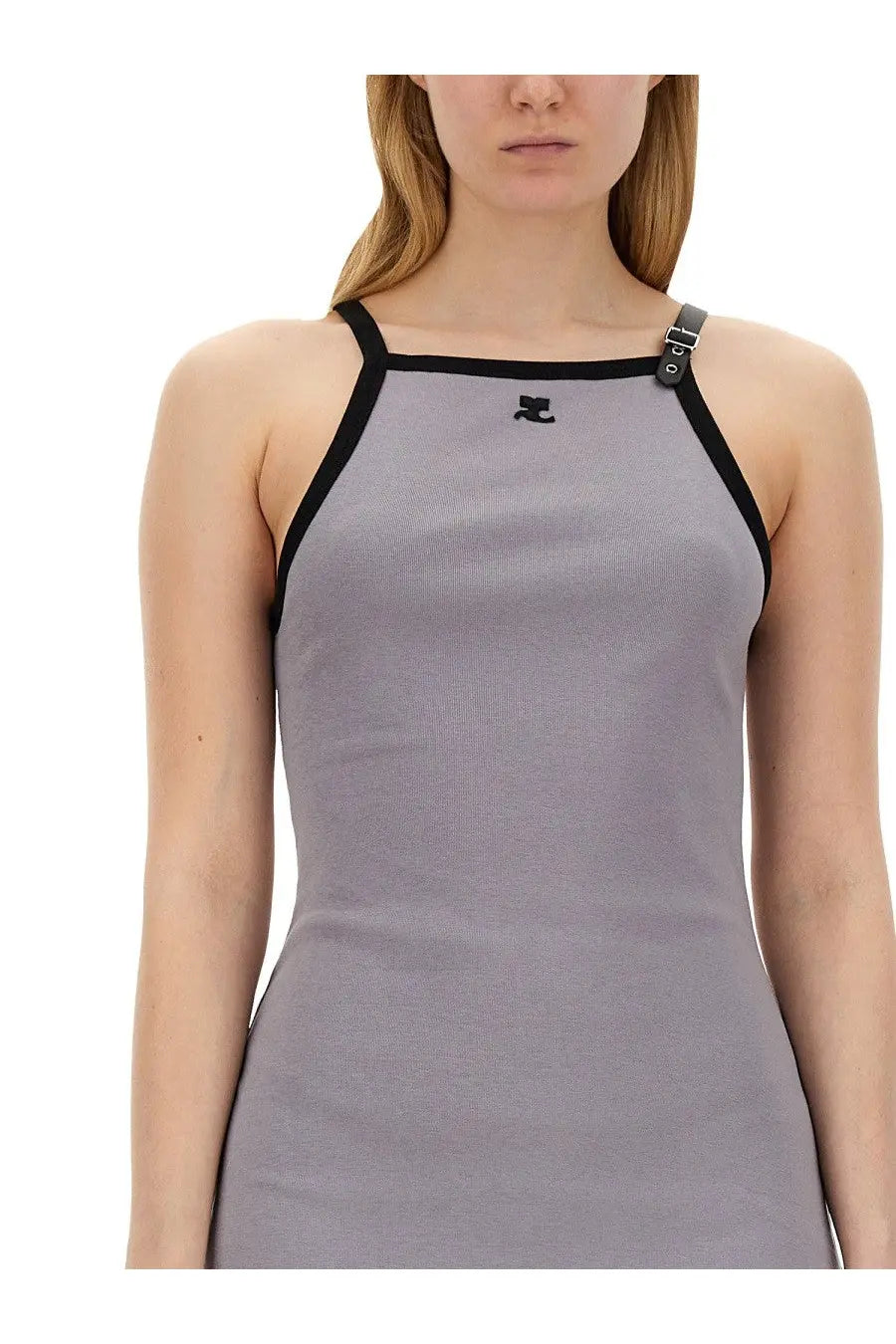 Courrèges women’s dress grey featuring a gray ribbed halter top with black trim and a small chest logo
