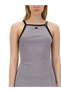 Courrèges women’s dress grey featuring a gray ribbed halter top with black trim and a small chest logo