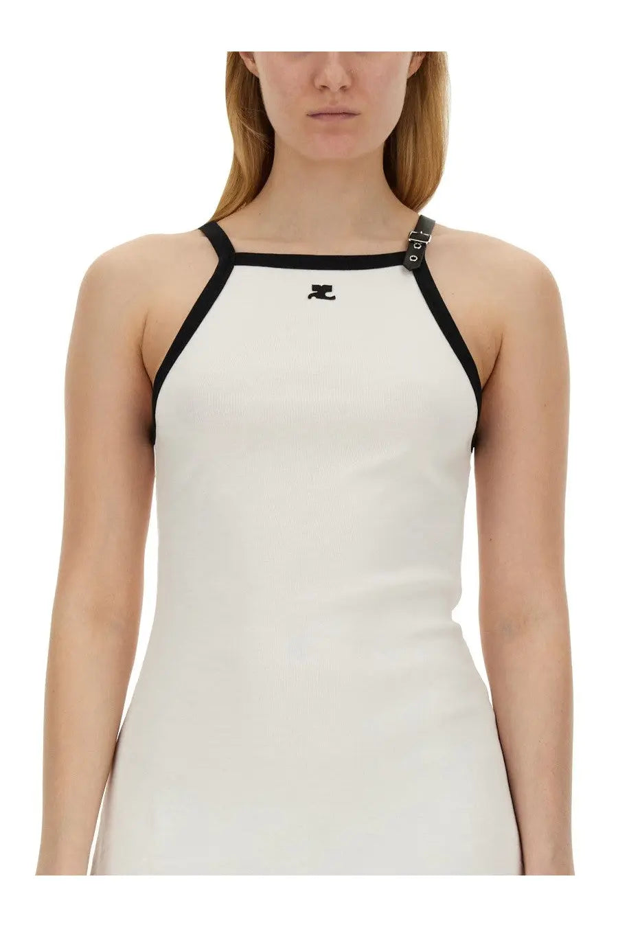 Courrèges women’s minimalist white halter-neck dress with black trim and small chest logo