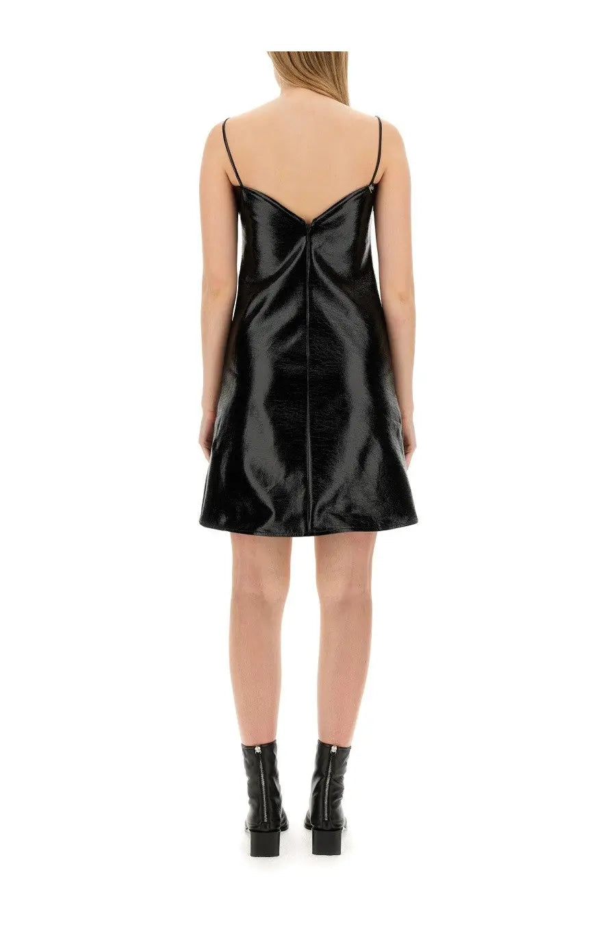 Back view of courrèges women’s ellipse dress in black satin with thin spaghetti straps and central back zipper