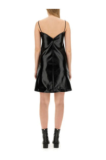 Back view of courrèges women’s ellipse dress in black satin with thin spaghetti straps and central back zipper