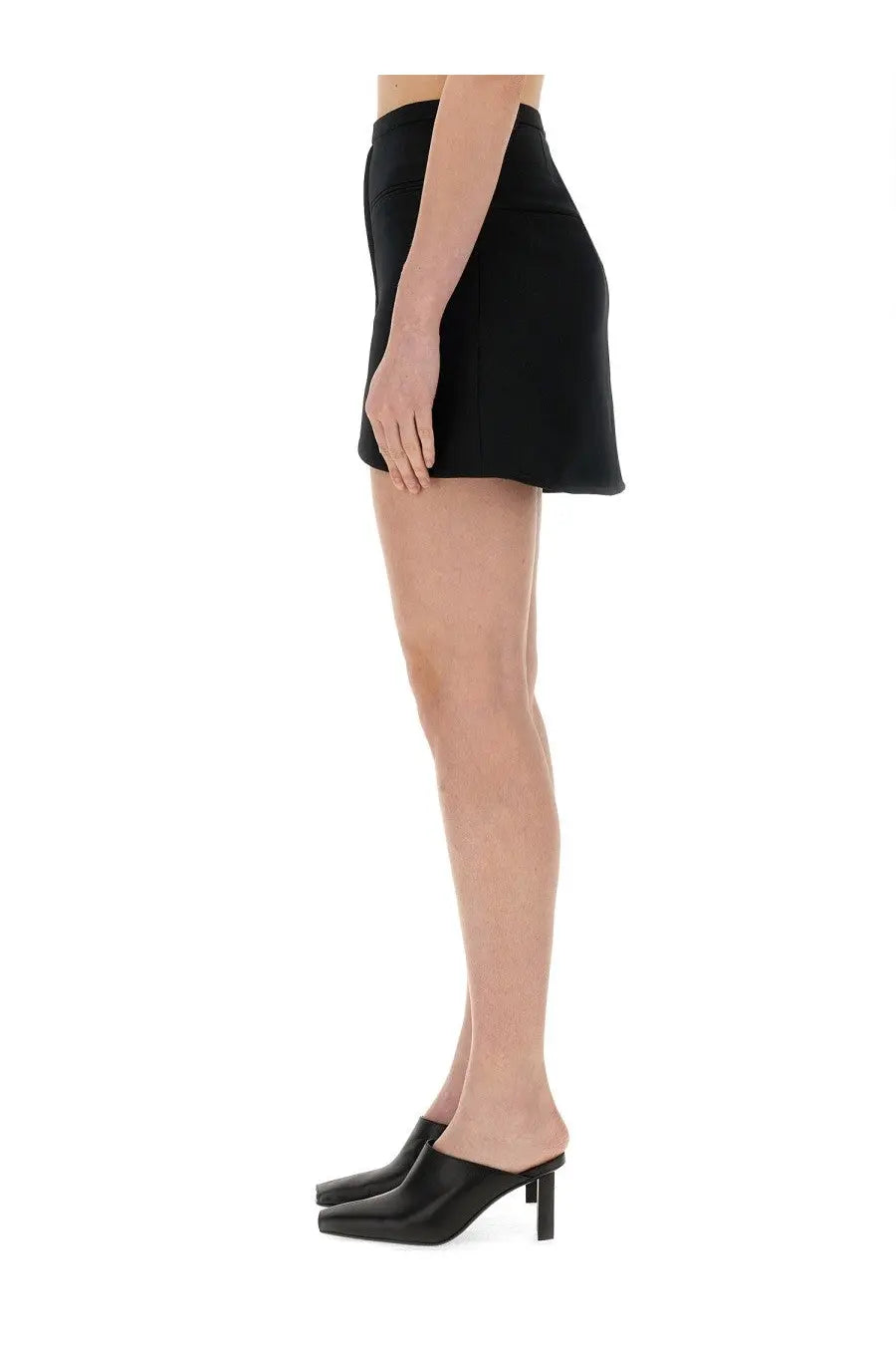 Courrèges women’s ellipse black mini skirt high-waisted flared hem with side pockets in sleek fabric