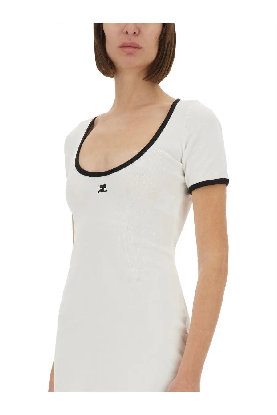 Courrèges women’s holistic contrast mini dress white with black trim and small black logo on chest short sleeves