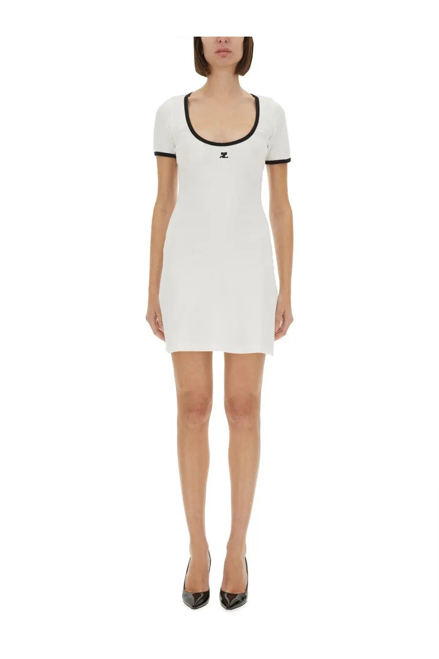 Courrèges women’s holistic contrast mini dress in white with black trim on neckline and sleeve cuffs, short-sleeved
