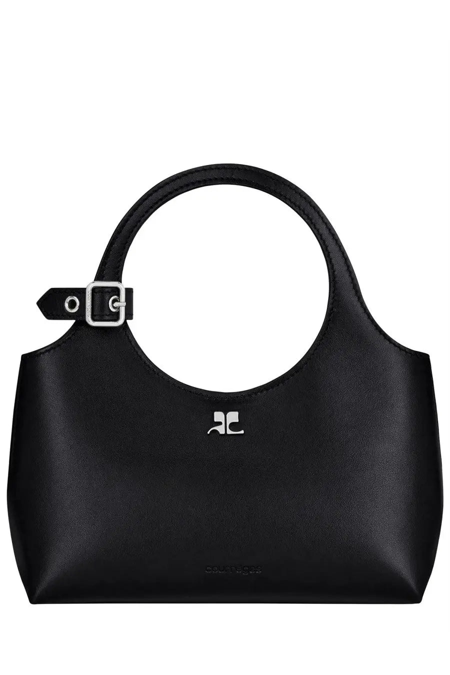 Black leather courrèges holy day mini bag with circular top handle and silver-tone buckle detail