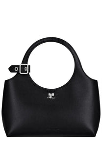 Black leather courrèges holy day mini bag with circular top handle and silver-tone buckle detail