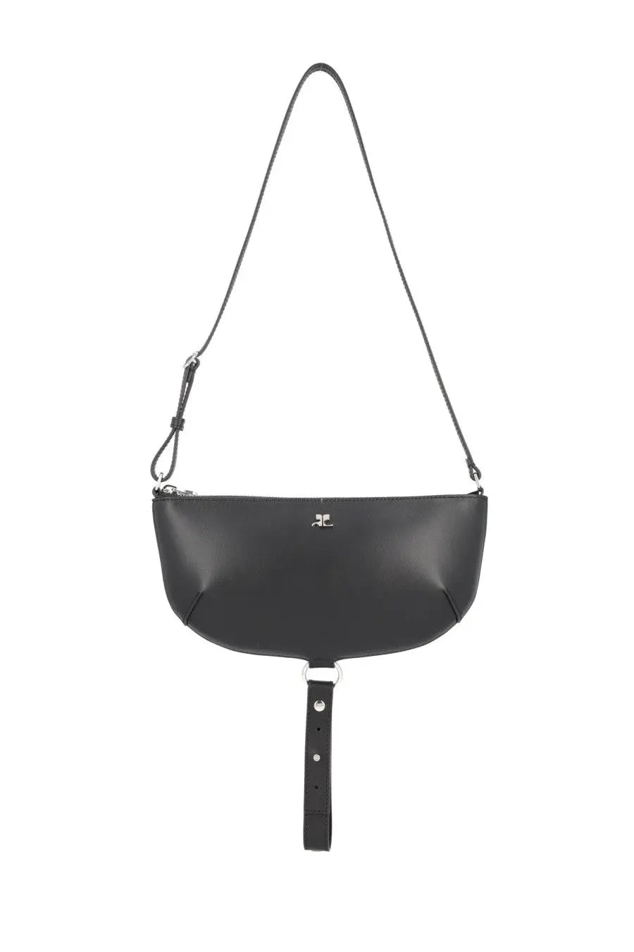 Courrèges women’s holy eclipse bag black leather crossbody with sleek curved design and detachable wrist strap