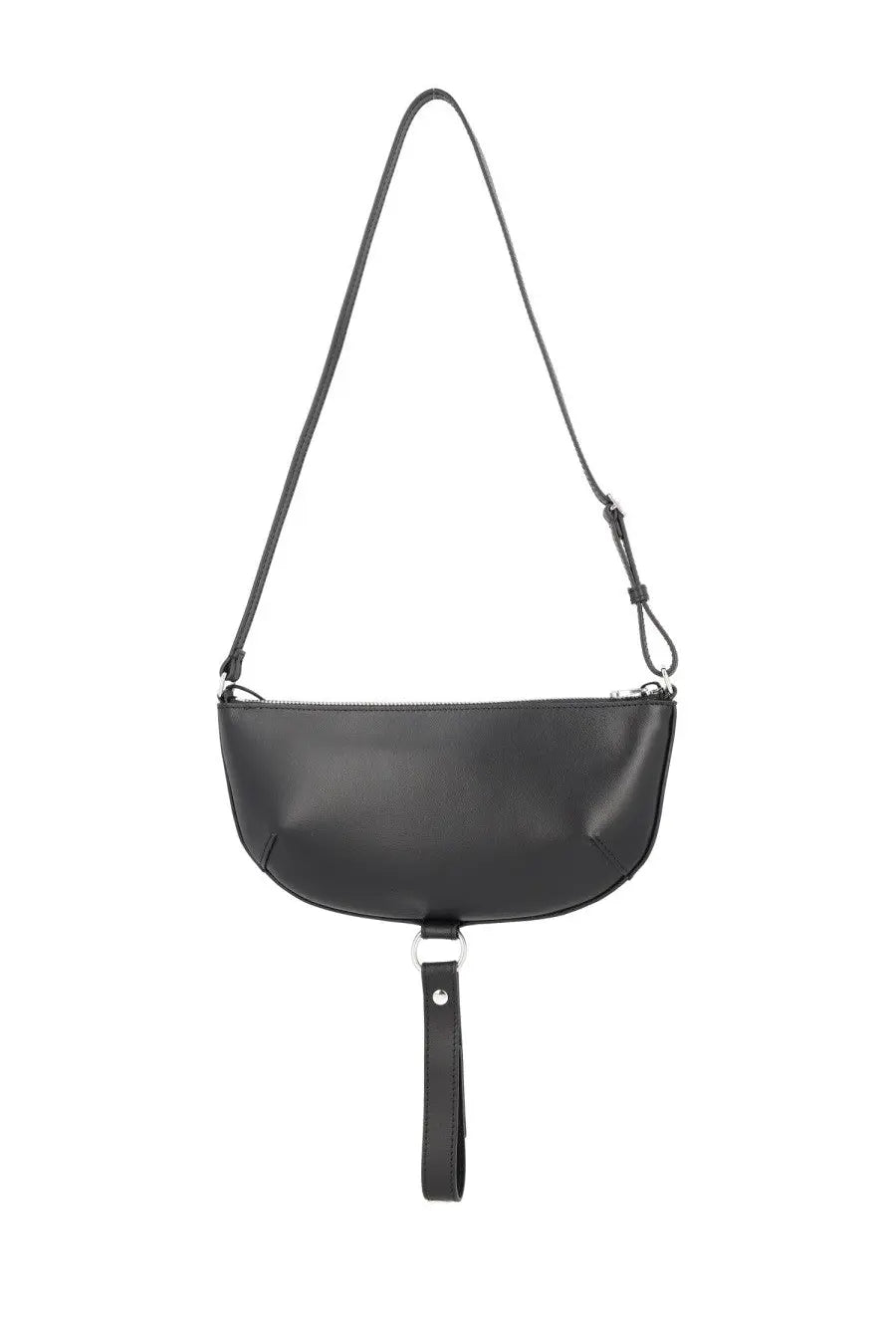 Courrèges women’s holy eclipse bag is a black leather crossbody with a sleek minimalist design and detachable wrist strap