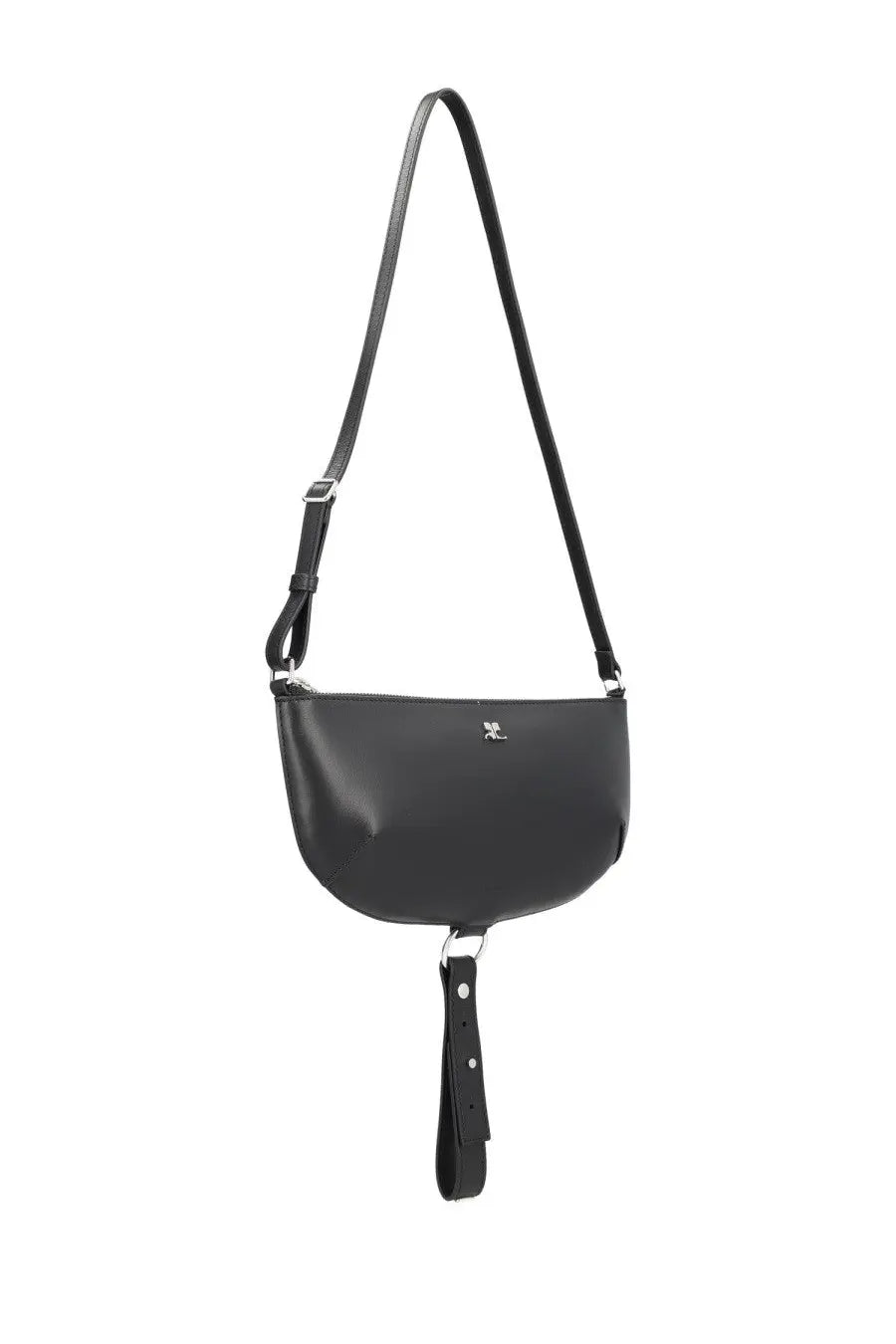 Courrèges women’s holy eclipse black leather crossbody bag with sleek curved design and detachable wrist strap