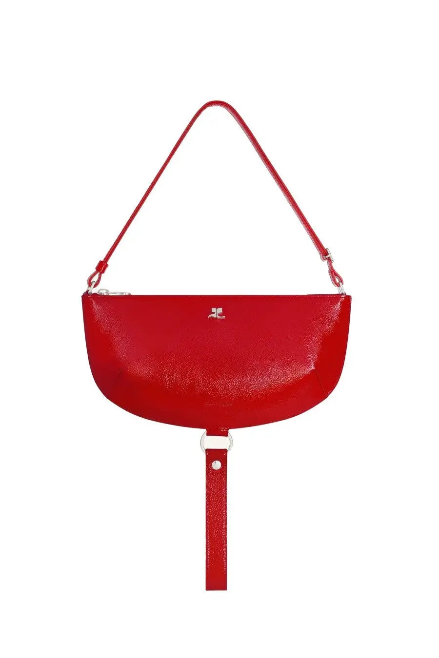 Vibrant red glossy leather crescent-shaped courrèges women’s holy eclipse crossbody bag with adjustable strap and wristlet