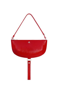 Vibrant red glossy leather crescent-shaped courrèges women’s holy eclipse crossbody bag with adjustable strap and wristlet