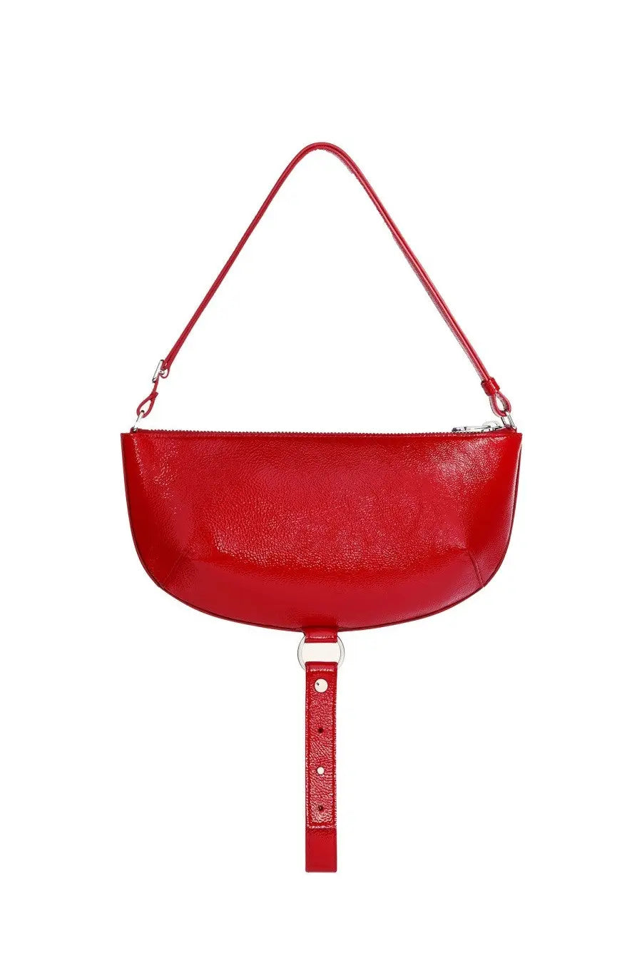 Courrèges women’s holy eclipse bag red is a vibrant glossy red leather handbag with a curved half-moon shape and shoulder strap