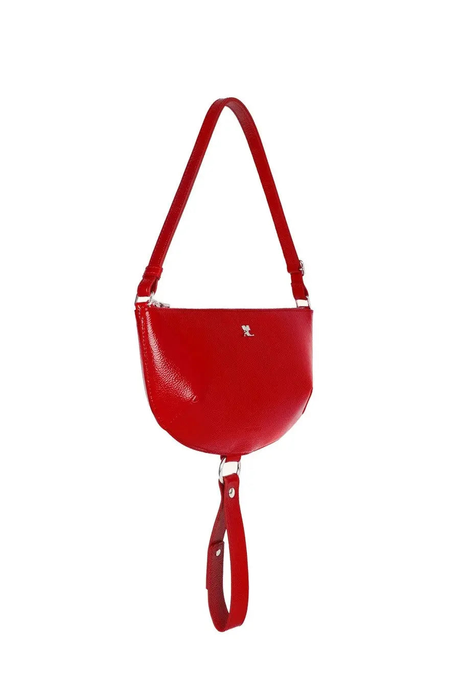 A vibrant red courrèges women’s holy eclipse semi-circular crossbody bag with textured faux leather finish and adjustable strap