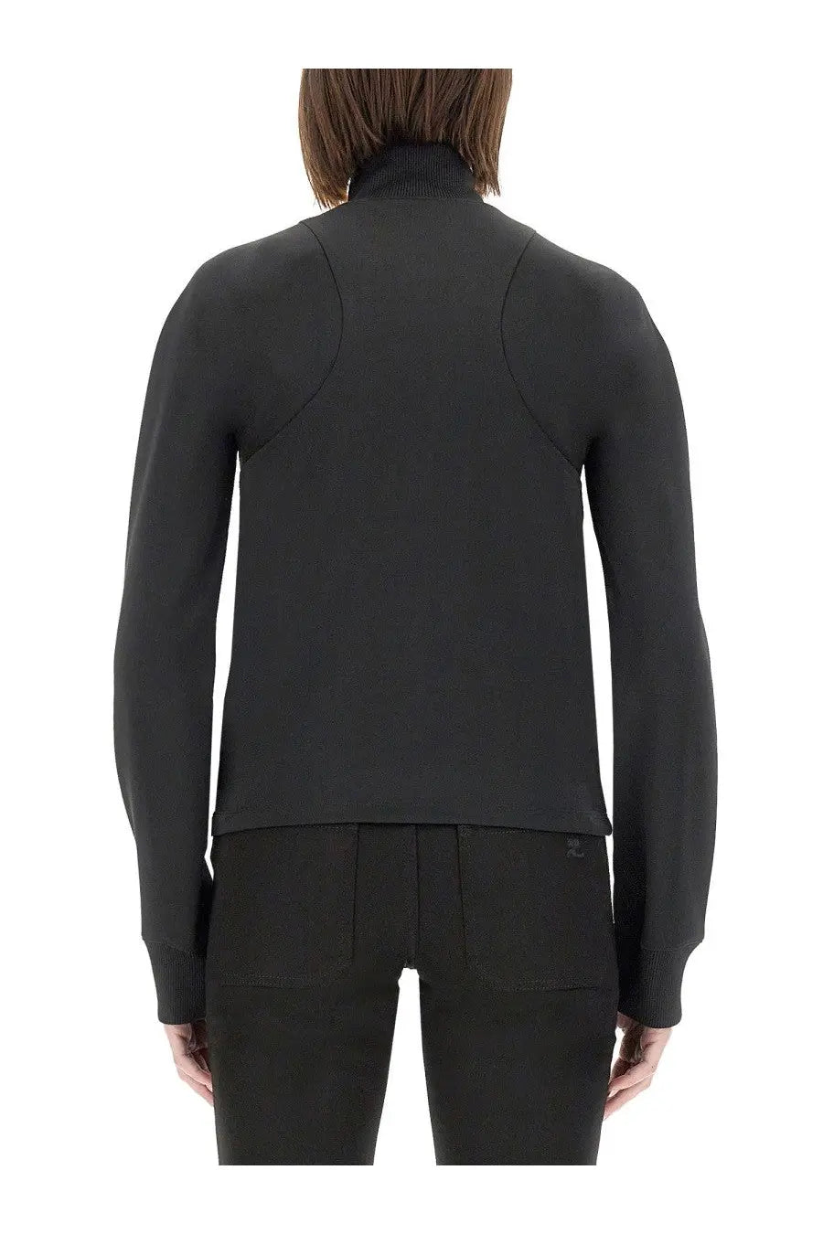 Courrèges women’s black interlock scuba jacket in knit fabric with high neck seam details and back logo shown from back