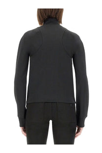 Courrèges women’s black interlock scuba jacket in knit fabric with high neck seam details and back logo shown from back