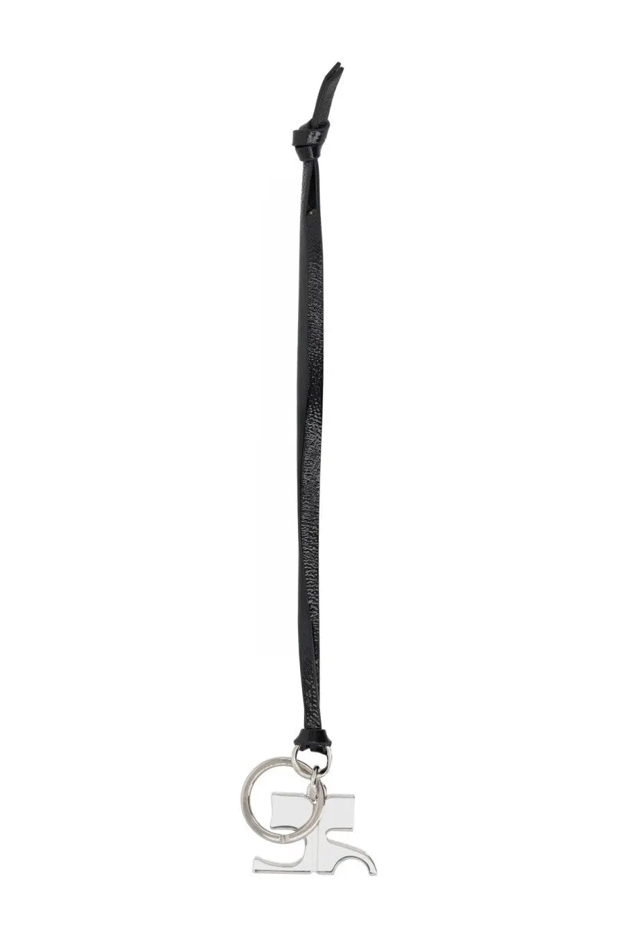 Courrèges women’s black leather keychain with silver metal charm featuring an abstract geometric design
