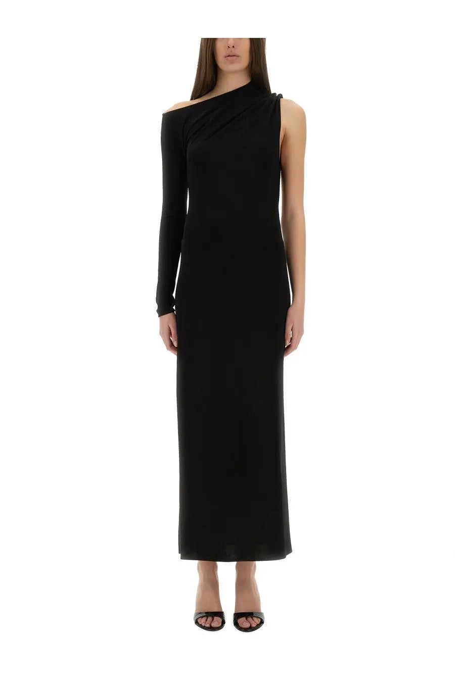 Courrèges women’s black one shoulder midi dress with long sleeve draped neckline in smooth form-fitting fabric