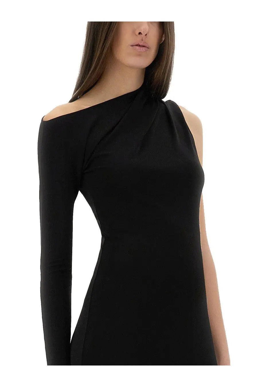 Black courrèges women’s long one shoulder dress with long sleeves and draped neckline in sleek fabric