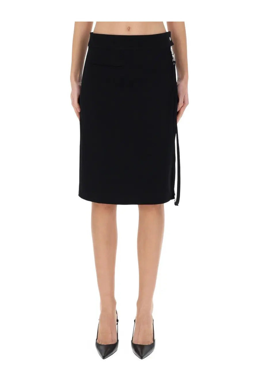 Courrèges women’s black tailored midi pencil skirt with side slit and decorative metallic hardware detail