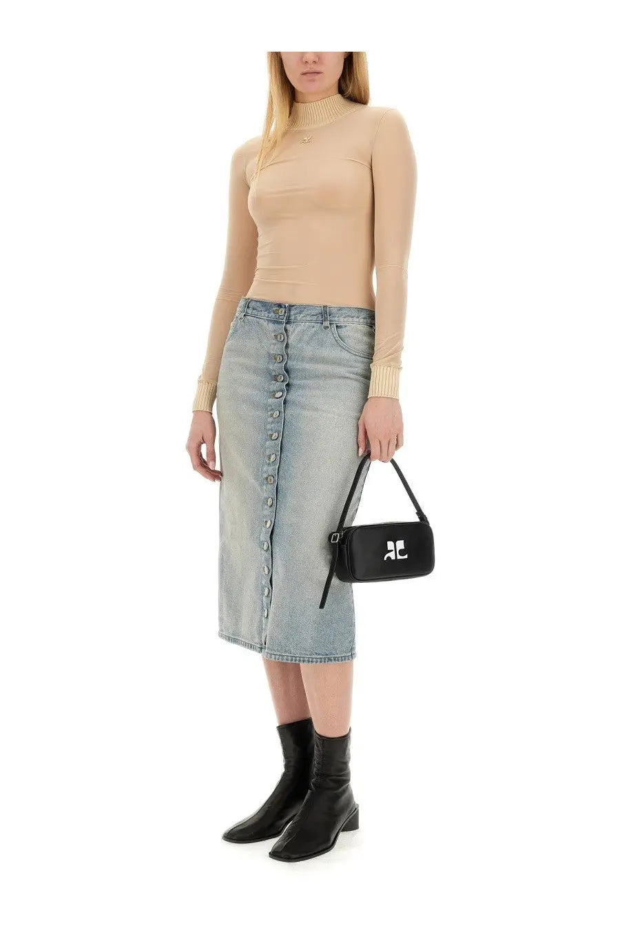 Black rectangular crossbody bag with white logo and adjustable strap shown with courrèges womens blue midi skirt