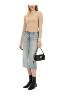 Black rectangular crossbody bag with white logo and adjustable strap shown with courrèges womens blue midi skirt