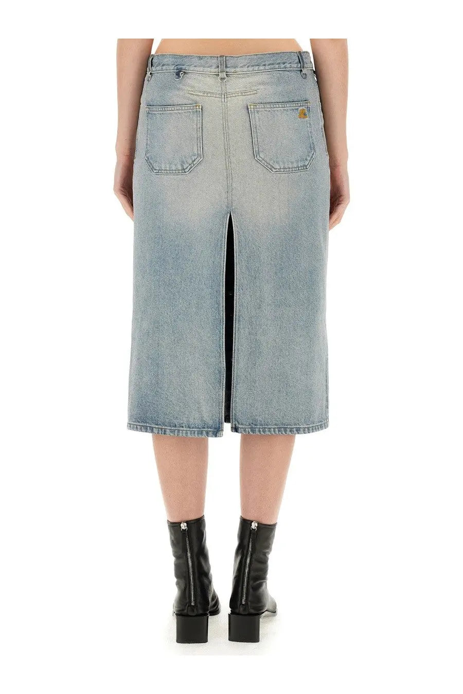 Courrèges women’s light-wash denim midi skirt with central front zipper and back pockets including gold logo patch
