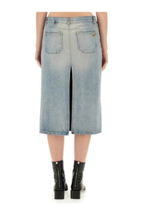 Courrèges women’s light-wash denim midi skirt with central front zipper and back pockets including gold logo patch