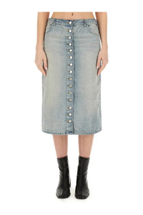 Courrèges women’s light-wash denim midi skirt with central button closure and classic five-pocket design in blue