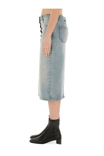 Courrèges women’s blue light-wash denim midi skirt with side zipper and classic patch pockets
