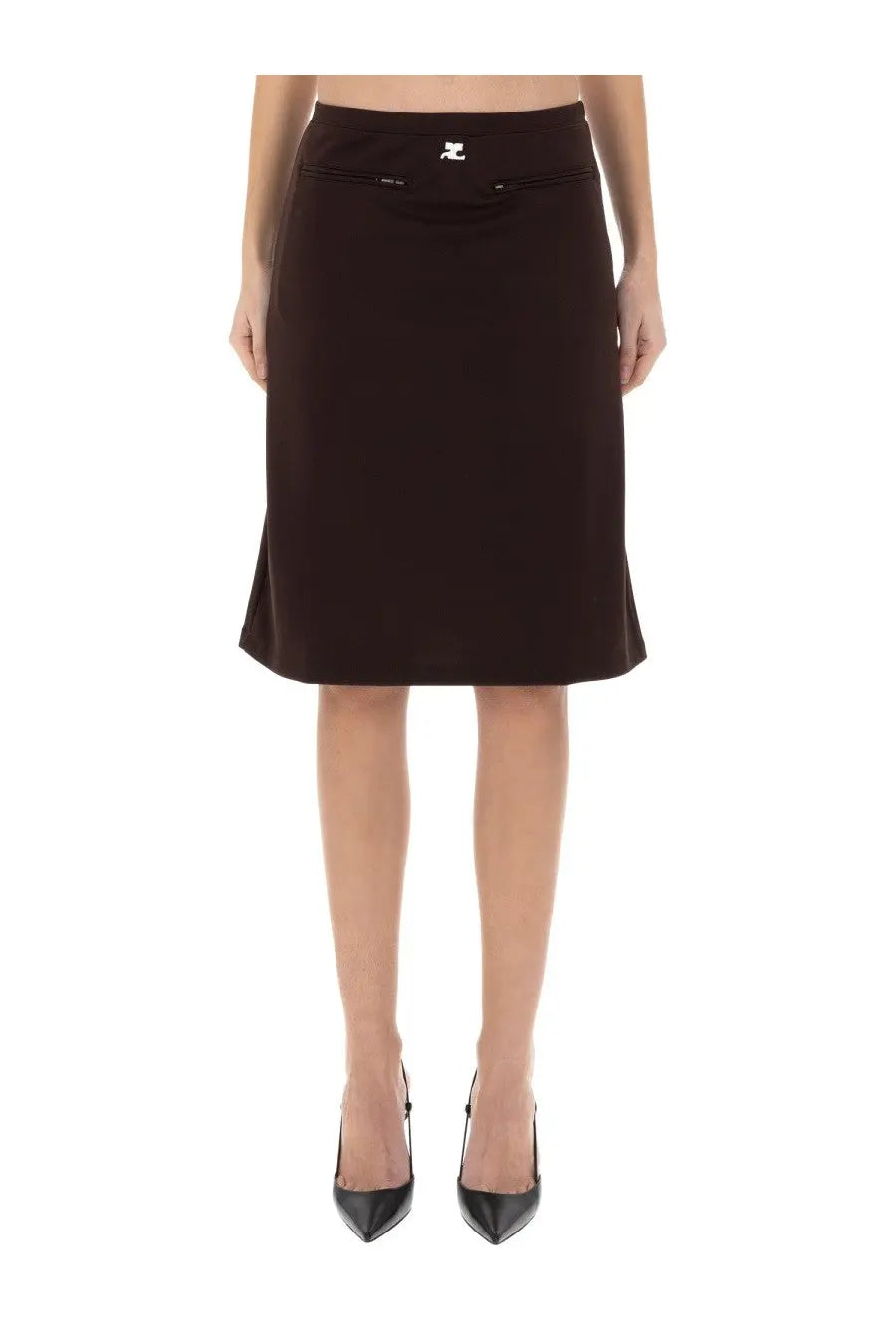Courrèges women’s brown midi skirt with subtle flare metallic logo and sleek mid-thigh length design